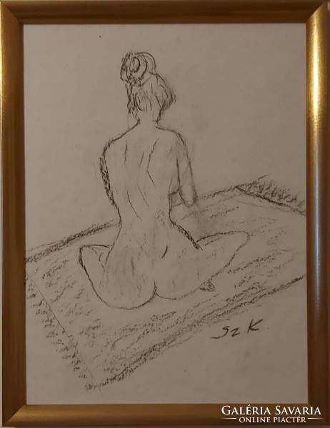 Kata Szabó:"female nude"charcoal drawing on watercolor paper,with golden wooden frame, 40x30, signed