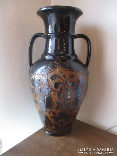 Huge size 44 cm two-eared beautiful glazed ceramic vase with birds on both sides,