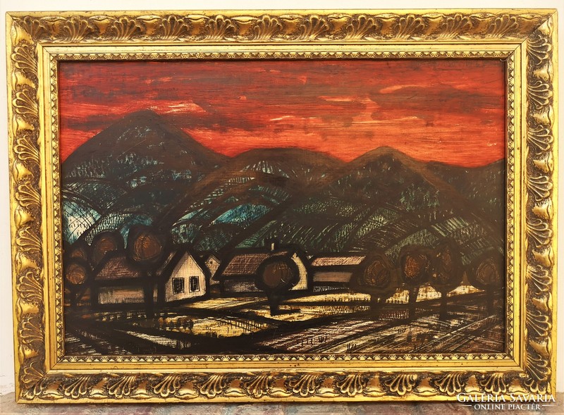 Krajcsirovics Henrik (1929-2007) Hegyek Alján c Képcsarnokos festménye Eredeti Garanciával !