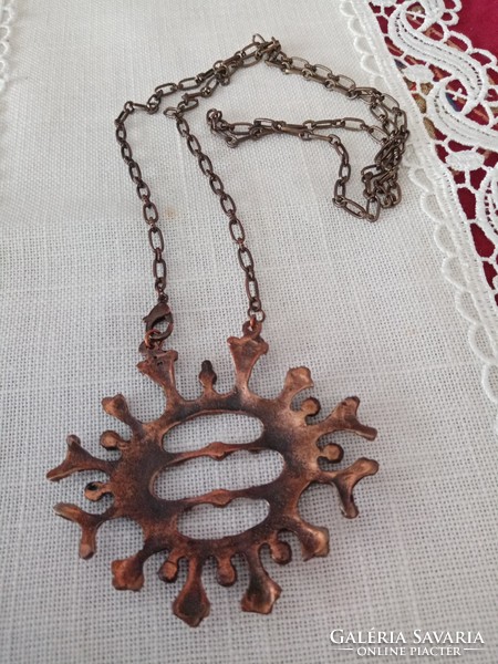 Industrial blue fire enamel goldsmith's bronze / copper pendant on a long chain -- muharos lajos