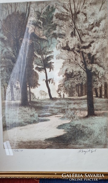 Gyula Komját-wanyerka: colored etching on paper. Forest road, c. Picture.