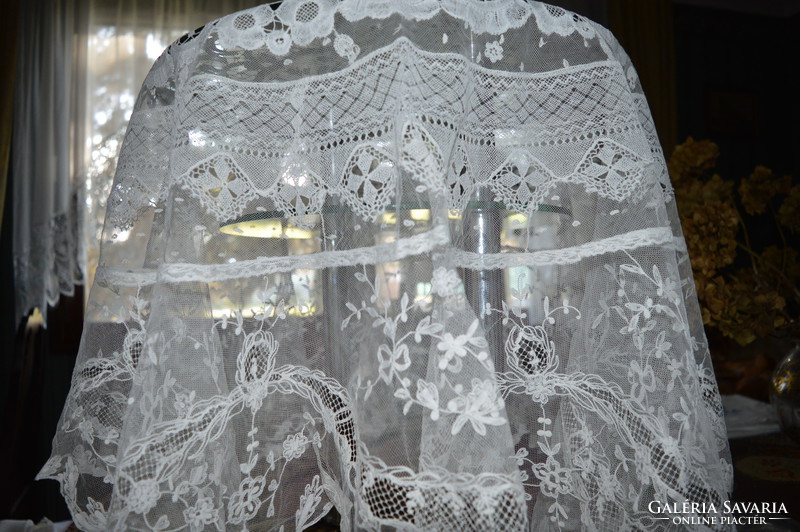 Tulle embroidered tablecloth with lace insert, / nun work / collection