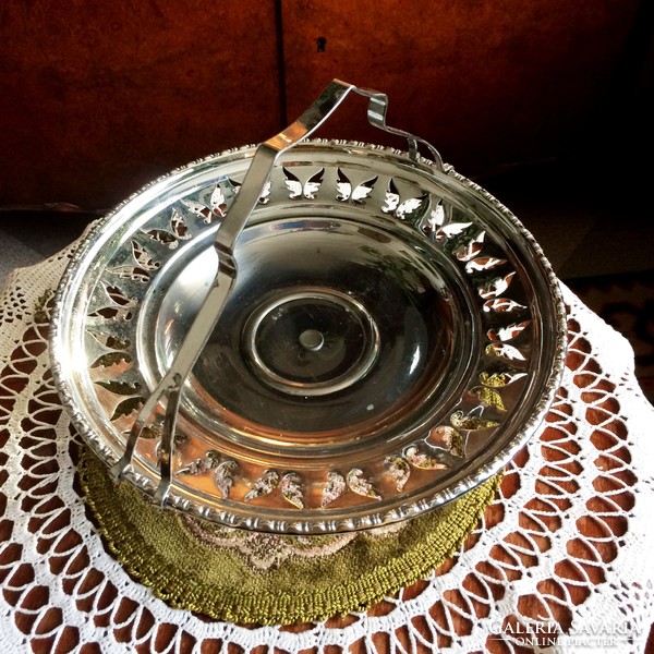 Vintage, chrome, openwork pattern, shiny surface, base, cake serving basket or bowl