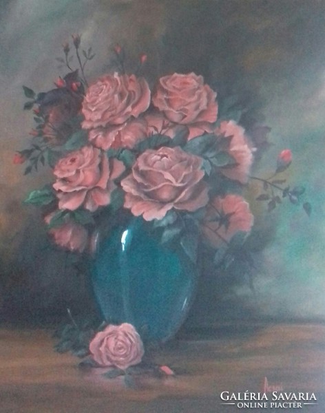 Vörös rózsák kék vázában című festmény - Csendélet