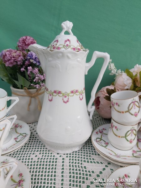 Antik szecessziòs porcelán porcelán csésze szett kávéskanna Juno Ges. Geschützt Austria rózsagirland