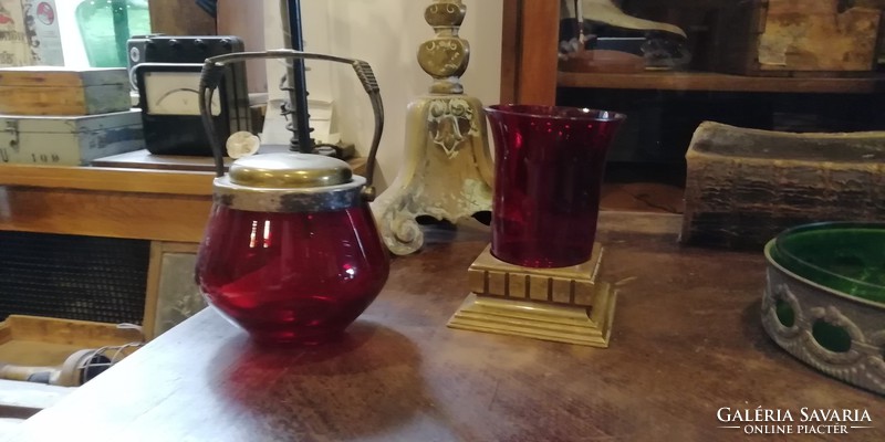 Art Nouveau glass and copper vase and sugar bowl, serving, early 20th century