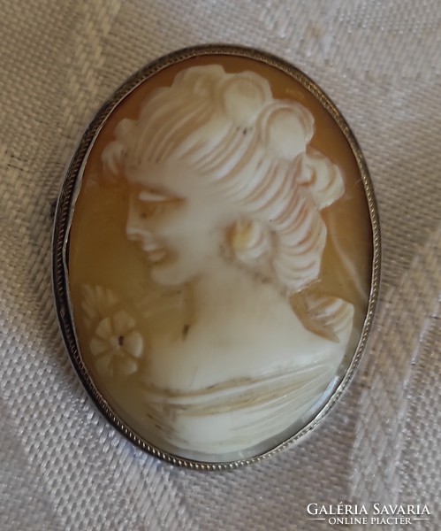 Kame, kame, cameo, silver frame pendant, brooch, badge