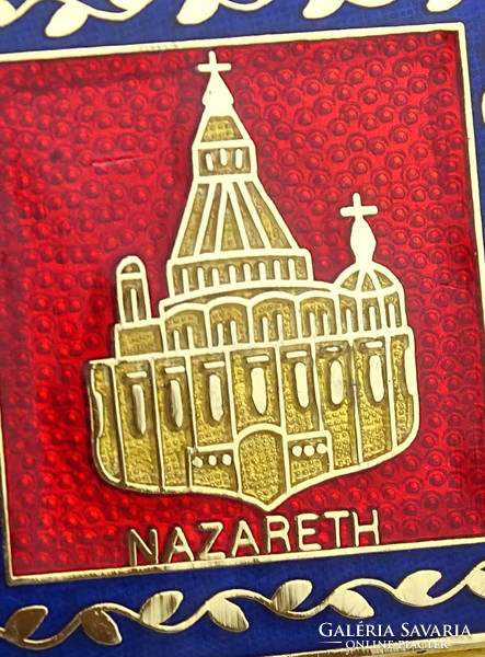 1H481 gold colored israeli enameled jewelry box nazareth