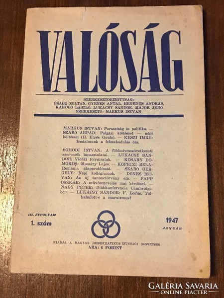 Valóság című folyóirat. 1947.január III. évfolyam 1. szám Polgári költészet-népi költészet
