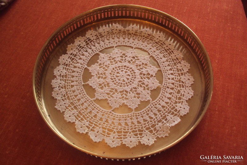 Art Nouveau brass tray with hand-crocheted lace insert. New Year's Eve drink tray!