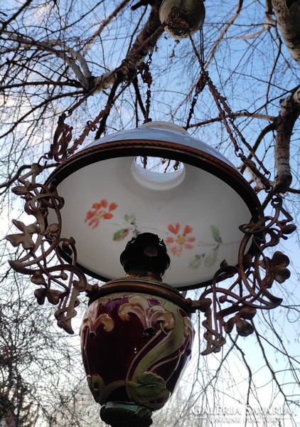 Beautiful antique chandelier lamp, chandelier, majolica bottom painted shade, Art Nouveau adjustable height