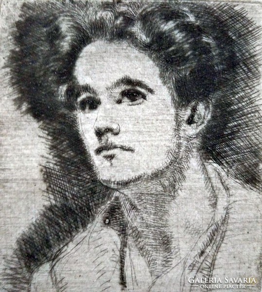János Kiss: self-portrait - etching from the 30s