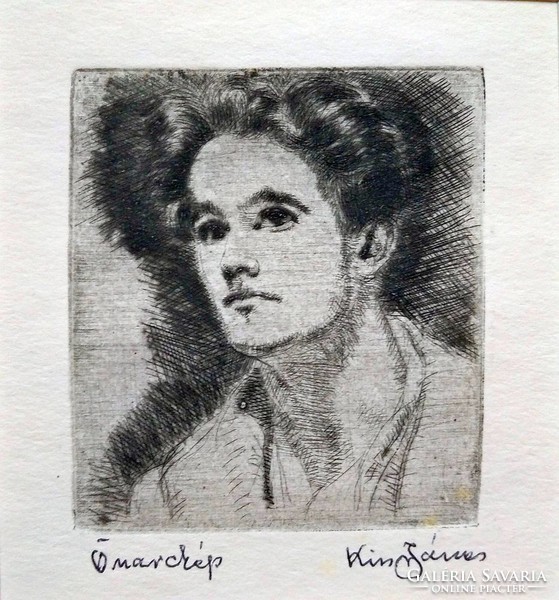 János Kiss: self-portrait - etching from the 30s