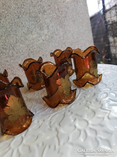 Amber colored glass-copper decorative napkin ring set
