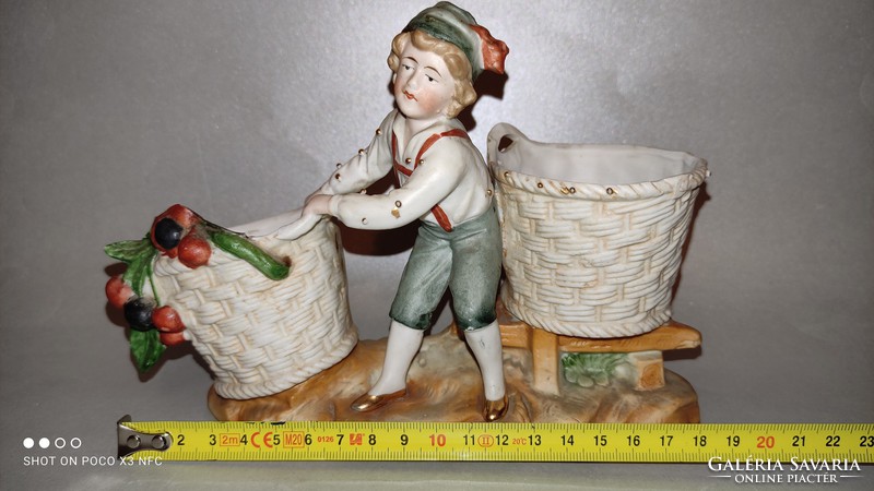 It's raining!!! Antique porcelain figural offering boy with baskets, gilded