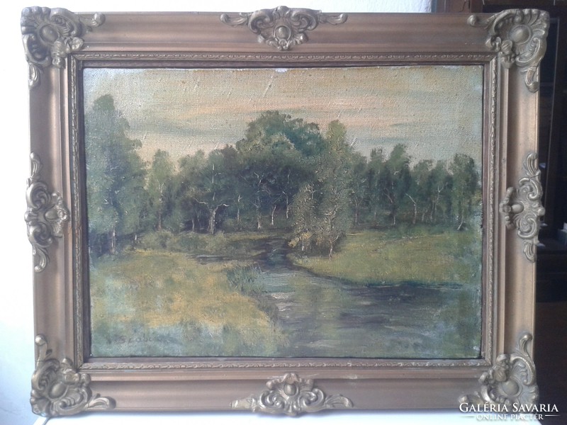 Impressionist-style Hungarian tailor signed riverside landscape framed-37x47 cm