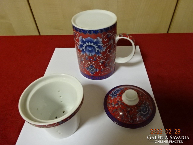 Japán porcelán, teafőző pohár szűrővel, tetővel. Vanneki! Jókai.
