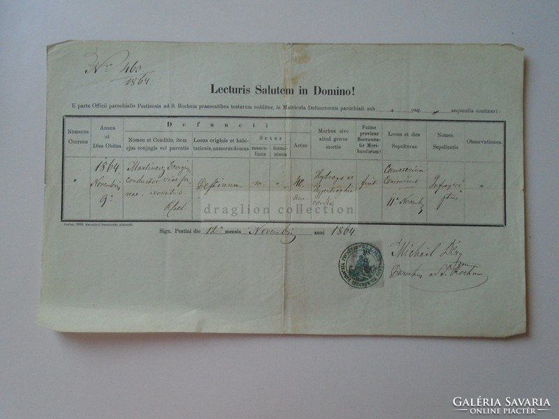Za390.12 Old document pest 1864 - martinecz györgy -michael déry szt. Rókusi parochia document.