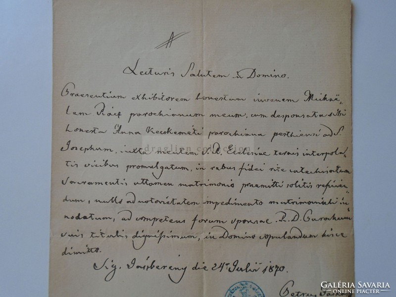 ZA391.5  Régi dokumentum  Jászberény  - Rácz Mihály - 1870  Petrus Farkas