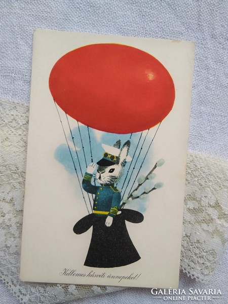 Old graphic easter postcard fine art label bunny egg balloon 1960s
