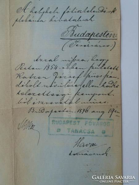 ZA391.12 Régi dokumentum   Fővárosi Tanács Katonaügyi osztályának  Katzer József - 1876