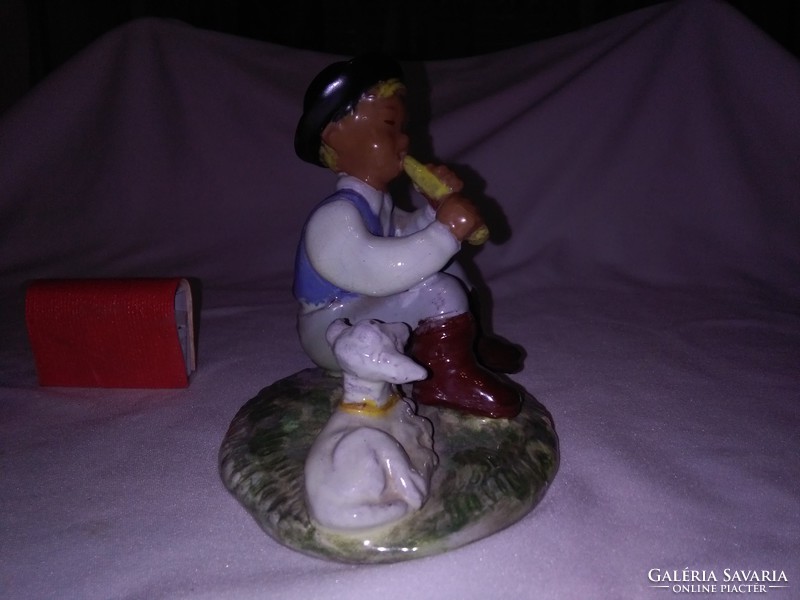 Izepy ceramic flutisting shepherd boy with lamb figurine, statue - unmarked