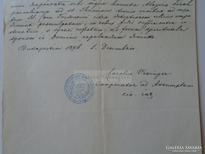 ZA393.10 Régi dokumentum  Budapest  1876 -  Franciscum PÁLFI - Maria LERCH -Carolus Vezinger sign.