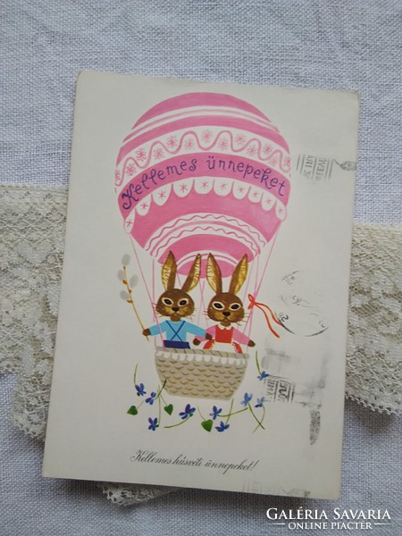 Régi grafikus húsvéti képeslap Képzőművészeti Kiadó nyuszik léghajóban 1976
