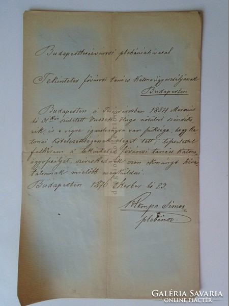 ZA391.8 Régi dokumentum   Fővárosi Tanács Katonaügyi osztályának  Vuszek Hugó  1876
