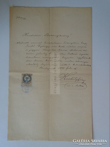 ZA392.8 Régi dokumentum   Budapest 1885 - Korbély Géza  aláírásával  - Tribl György cipész