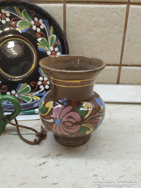 Folk, glazed, hand-painted ceramic ornament plate 2 pcs, 3 glasses, 1 vase for sale!