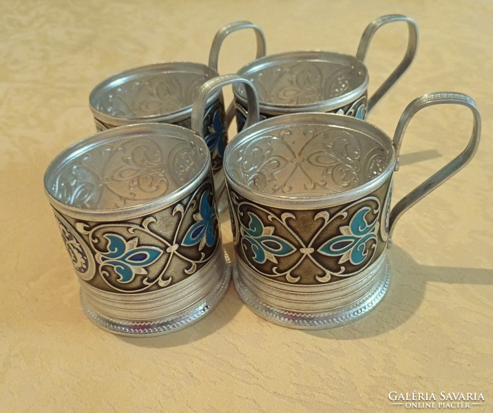 Régi orosz teás üvegpohár tartó, tűzzománc díszítéssel