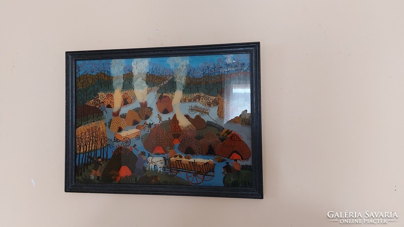 Naive life picture glass painting with 44x32 cm frame