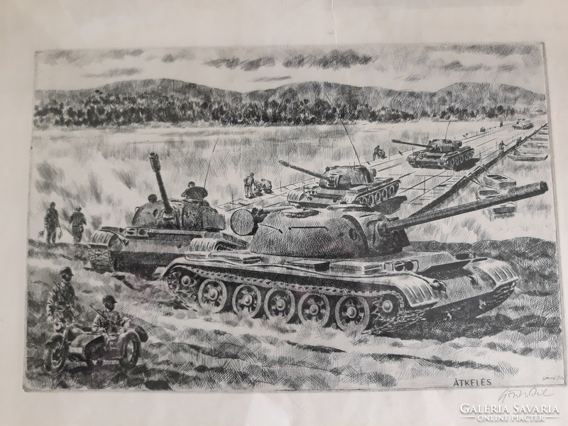 Gönczi Béla: Átkelés - eredeti jelzett rézkarc (tankok, harckocsik, háborús jelenet)
