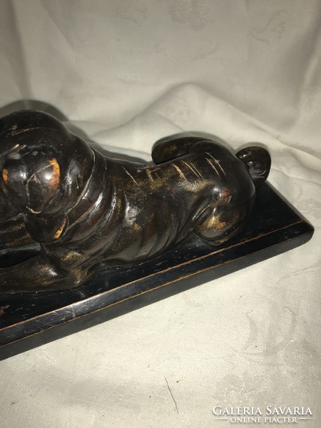 Art-deco wood carved glass eye inlaid dog desk paper weight
