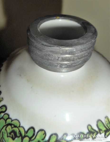 Régi német porcelán likőrös kulacs, ón kupakkal (Dr. Merkle Atalier - kézzel festett)