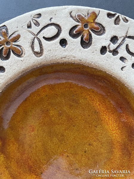 Borostyán mázas kézműves samott kerámia tányér