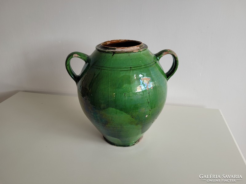Old antique large size green glazed folk ear pot pottery pot jar