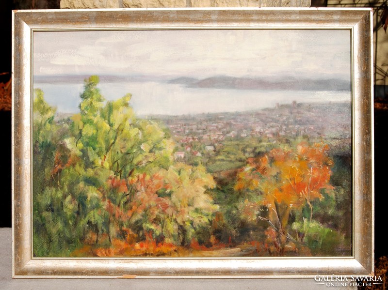 View of Balatonfüred with the Tihany Peninsula - an oil painting by a contemporary Hungarian artist in a silver frame