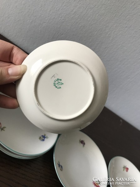 6 db-os Hollóházi porcelán kávés csésze szett készlet régi apró virág mintával zöld csíkkal