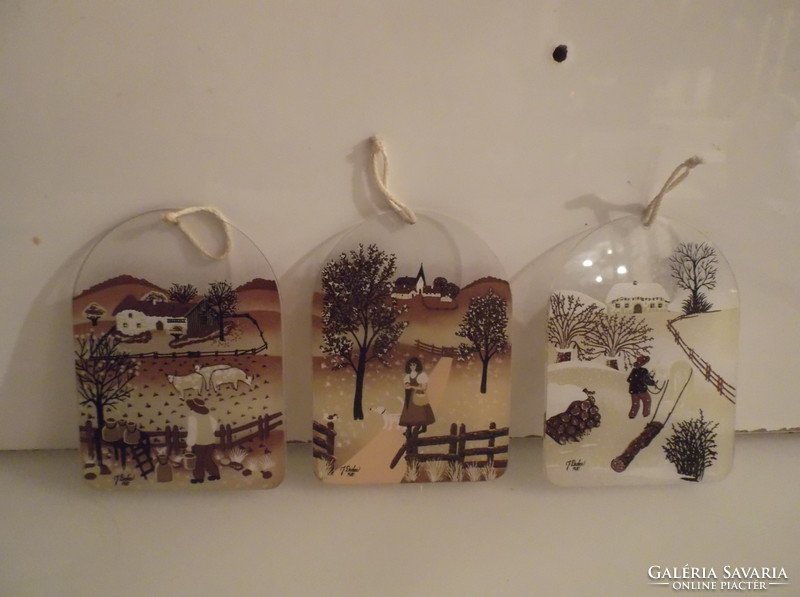 Picture - 3 pieces - glass - signed - hand-painted - seasons - 9 x 6.5 cm - flawless