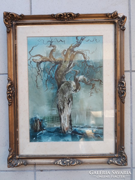 László Saly Németh: old tree with branched, original marked oil cardboard 1980