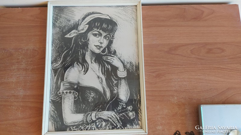 (K) beautiful gypsy girl (ink drawing?) 25X35 cm with frame