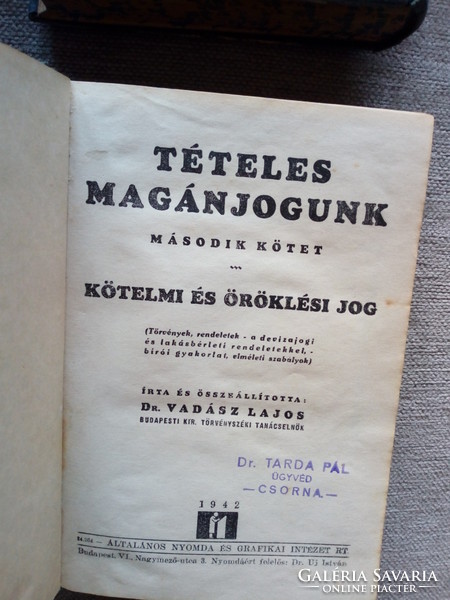 Dr. Vadász Lajos: Tételes magánjogunk I-II. (1942)