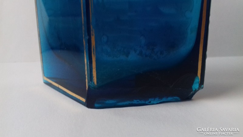 Antik zománc festett madaras kék üveg váza