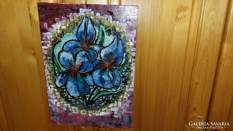(K) Nagyon szép virág-absztrakt festmény 32x45 cm