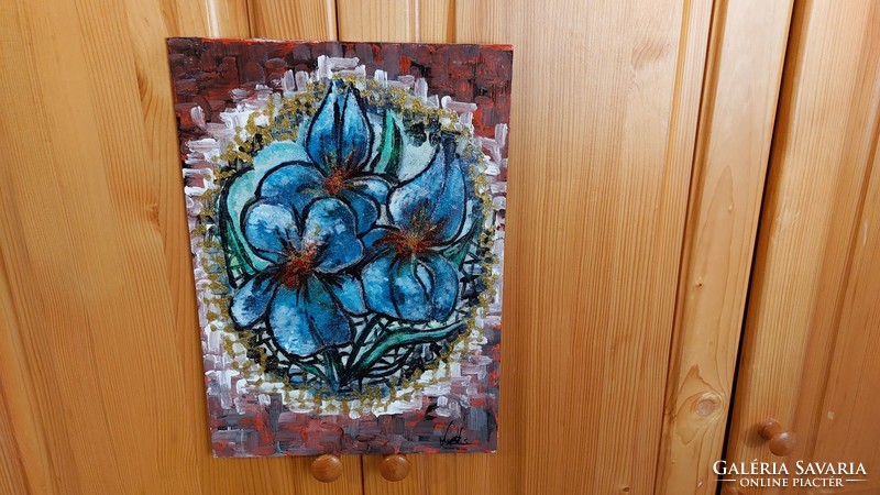 (K) Nagyon szép virág-absztrakt festmény 32x45 cm