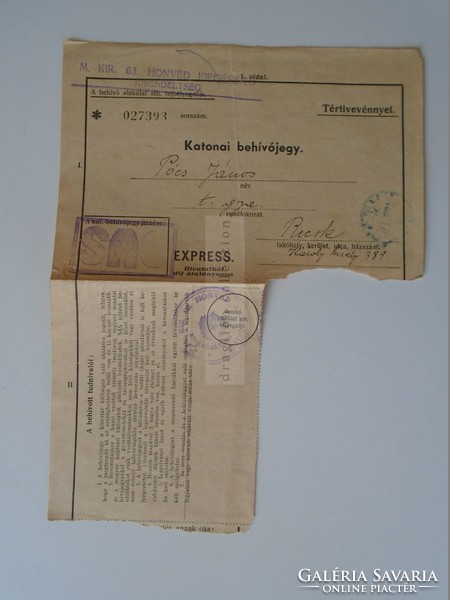 ZA397.5 Katonai behívójegy  - vasúti jegy  RECSK -KARÁCSOND 1941  EXPRESS  SAS jelzás