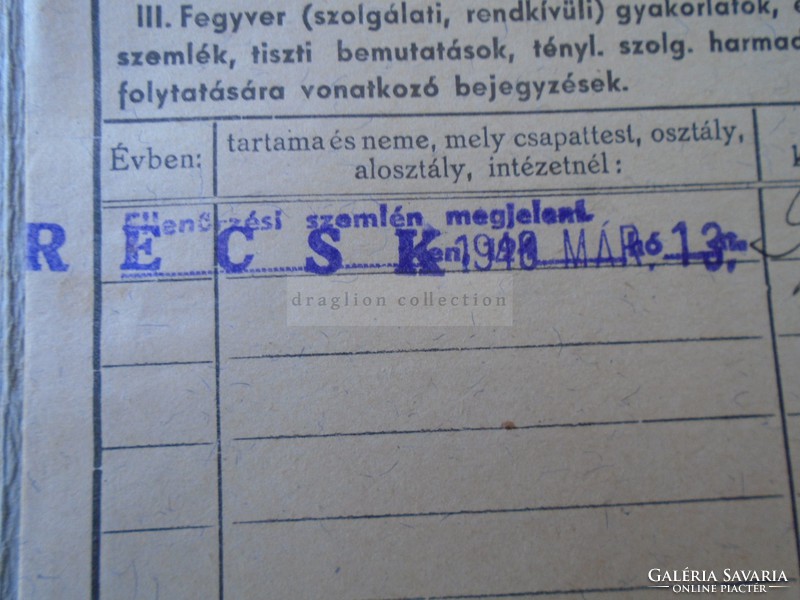 ZA397.3  Igazolványi lap - Magyar Királyi Honvéd Kiegészítő Parancsnokság   Salgótarján  RECSK 1940