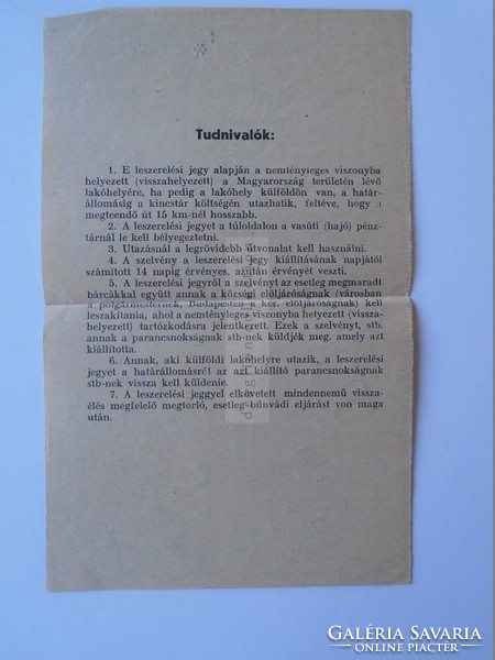 ZA397.8 M.kir.7. Honv. Fogatolt Vonat Pótosztály Parancsnokság KARÁCSOND RECSK Leszerelési jegy 1941